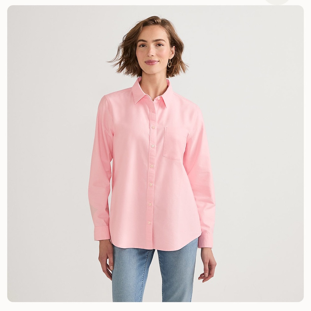 A-Lands’ end none iron pinpoint oxford button down pink and white  striped shirt